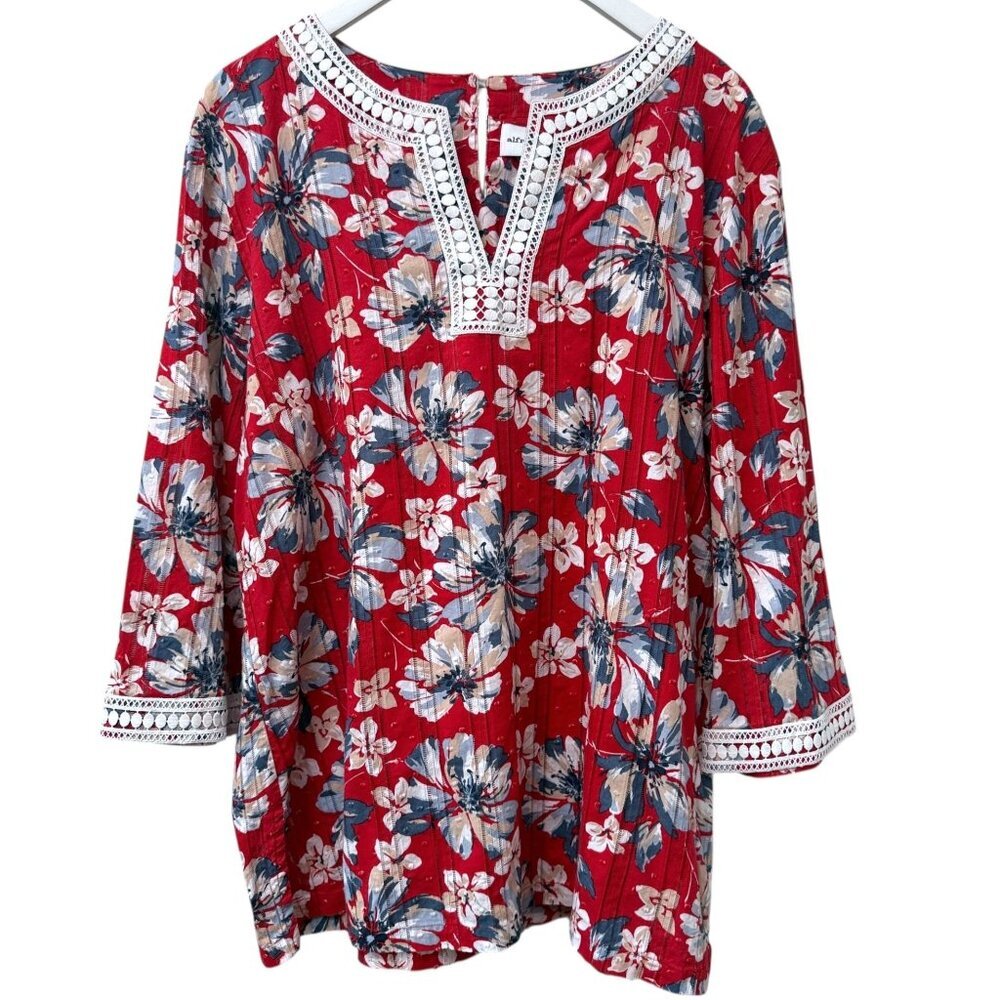 Alfred Dunner Tunic Blouse Red Floral Plus Size 18 Cotton Top Womens